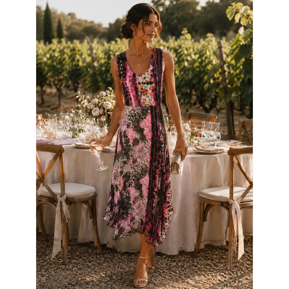 Alberto Makali Crinkle Mesh Floral Asymmetrical Midi Dress Y2K Fairycore Art